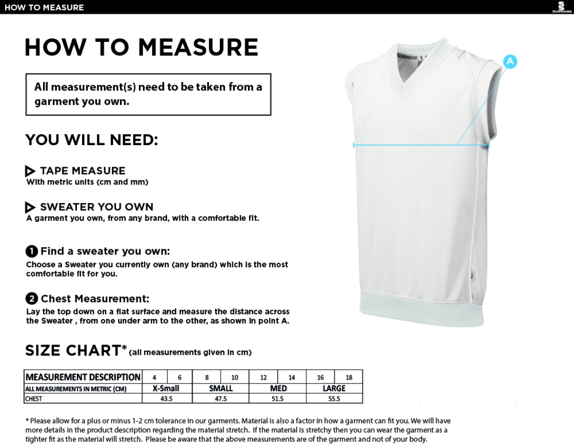 Edenfield CC Blast Sleeveless Women's Cricket Sweater - Size Guide