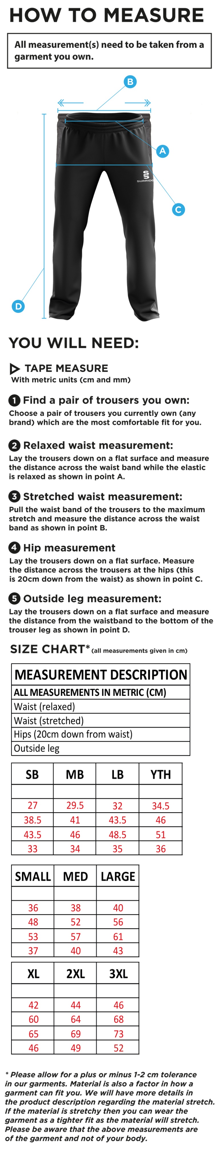 Edenfield CC Tracksuit Pant - Size Guide