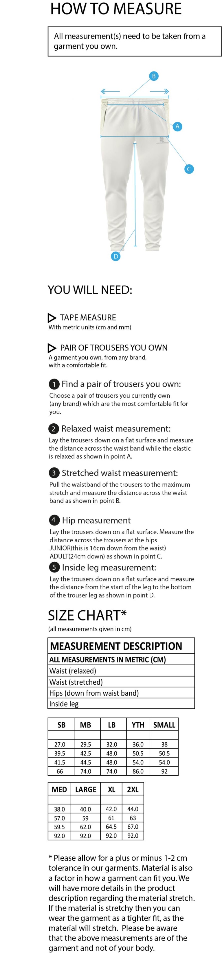 Edenfield CC Blade Coloured Pants - Size Guide