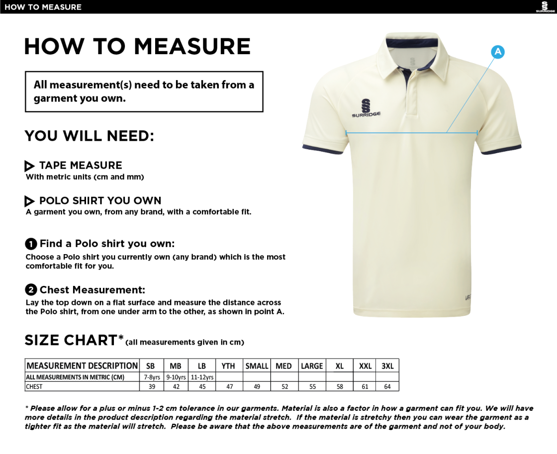 Edenfield CC Ergo S/S playing shirt - Size Guide