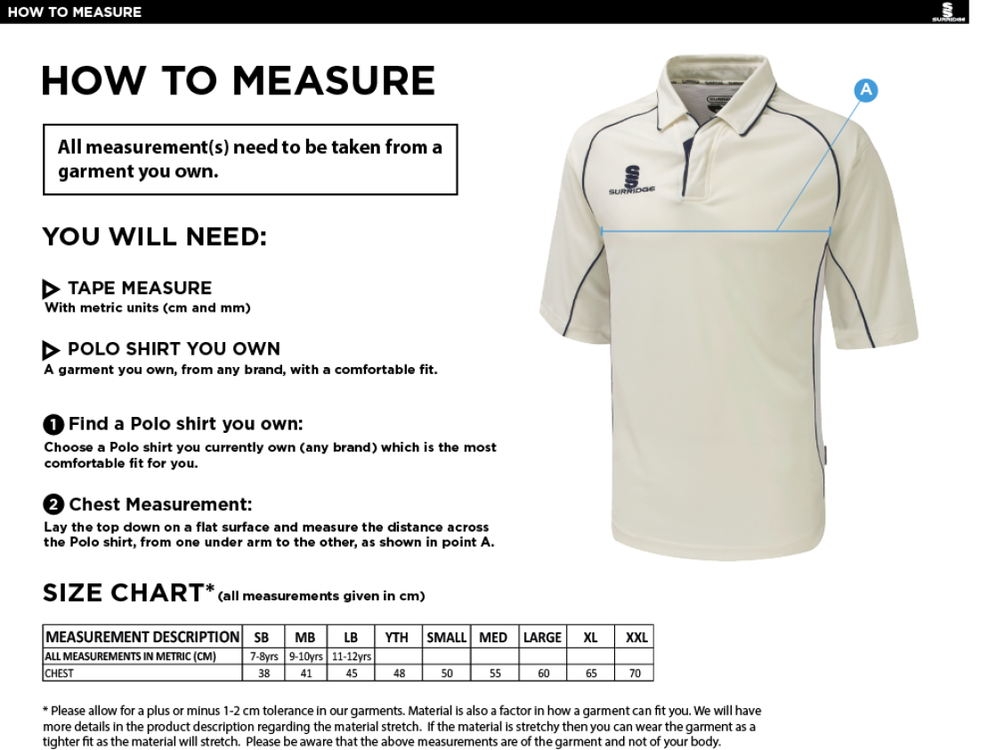 Edenfield CC Premier 3/4 Sleeved Playing Shirt - Size Guide