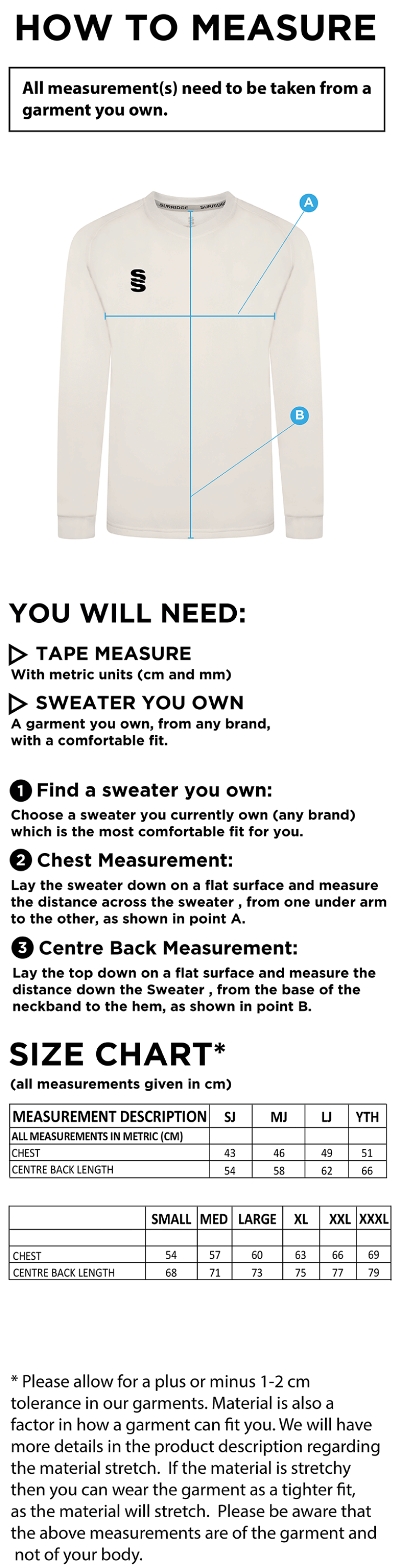 Edenfield CC Blast Long Sleeve Cricket Sweater - Size Guide