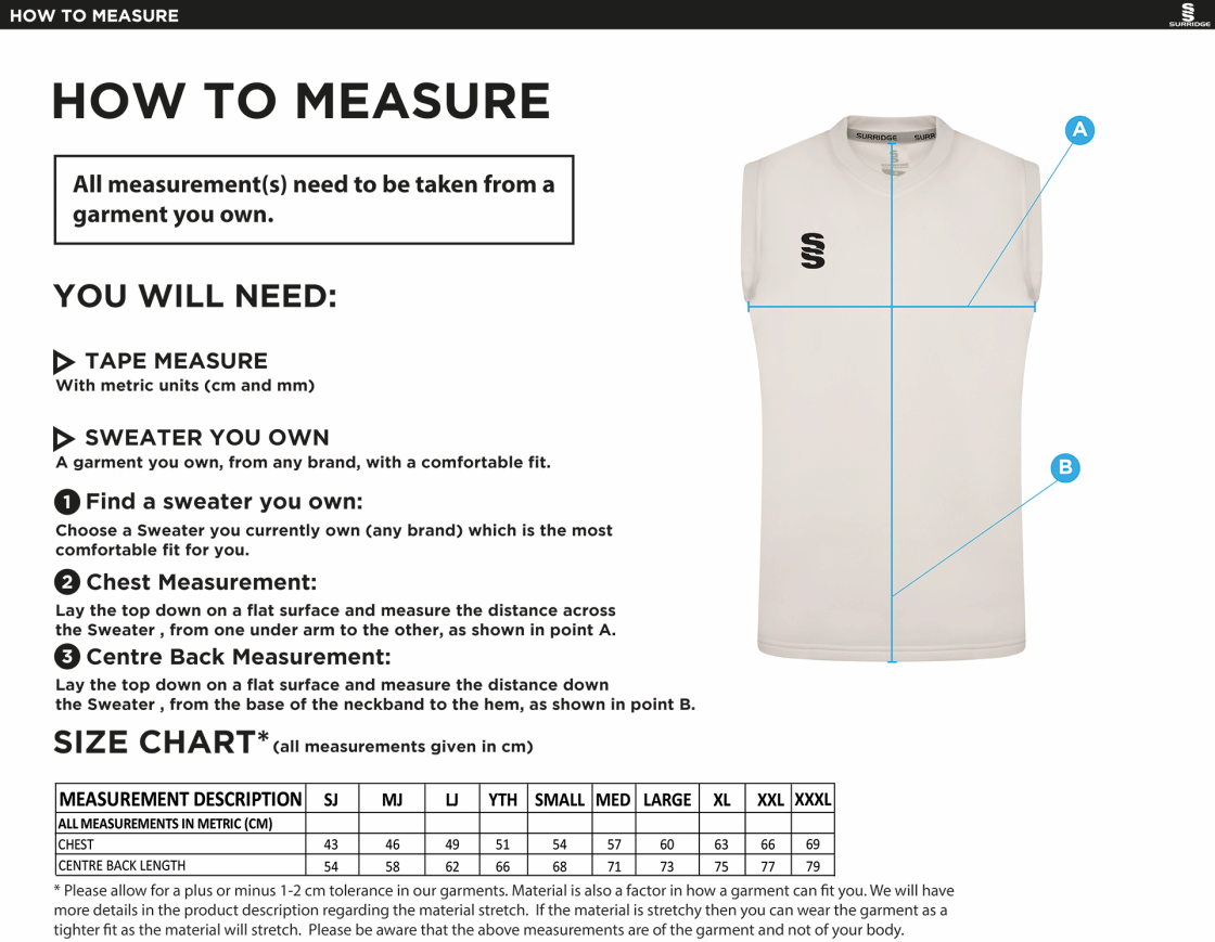 Edenfield CC Blast Sleeveless Cricket Sweater - Size Guide