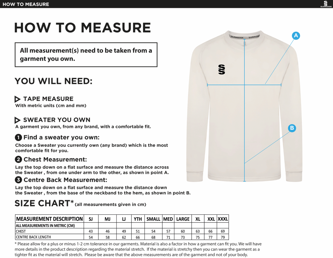 Edenfield CC Blast Long Sleeve Cricket Sweater - Size Guide