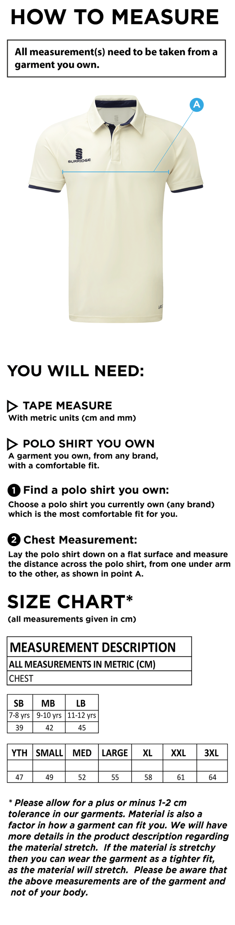 Edenfield CC Ergo S/S playing shirt - Size Guide