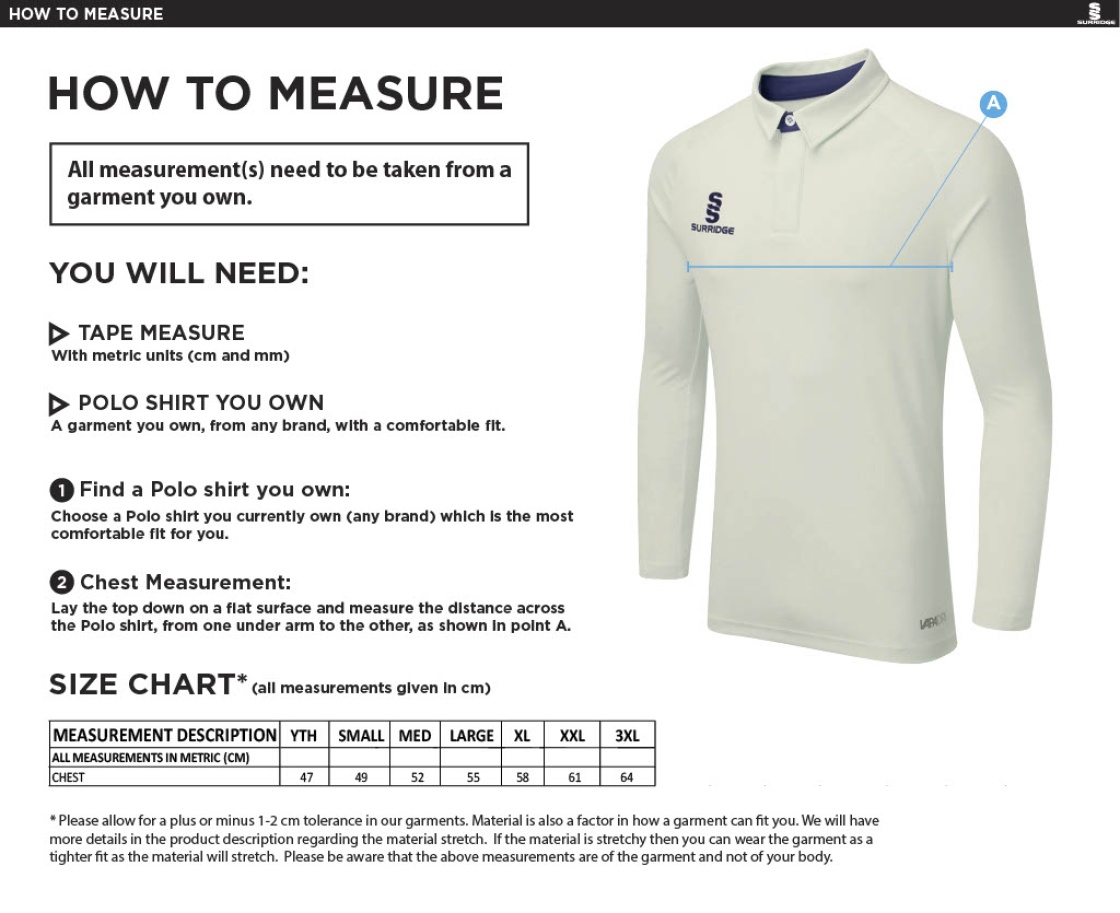 Edenfield CC Ergo Long Sleeved playing shirt - Size Guide