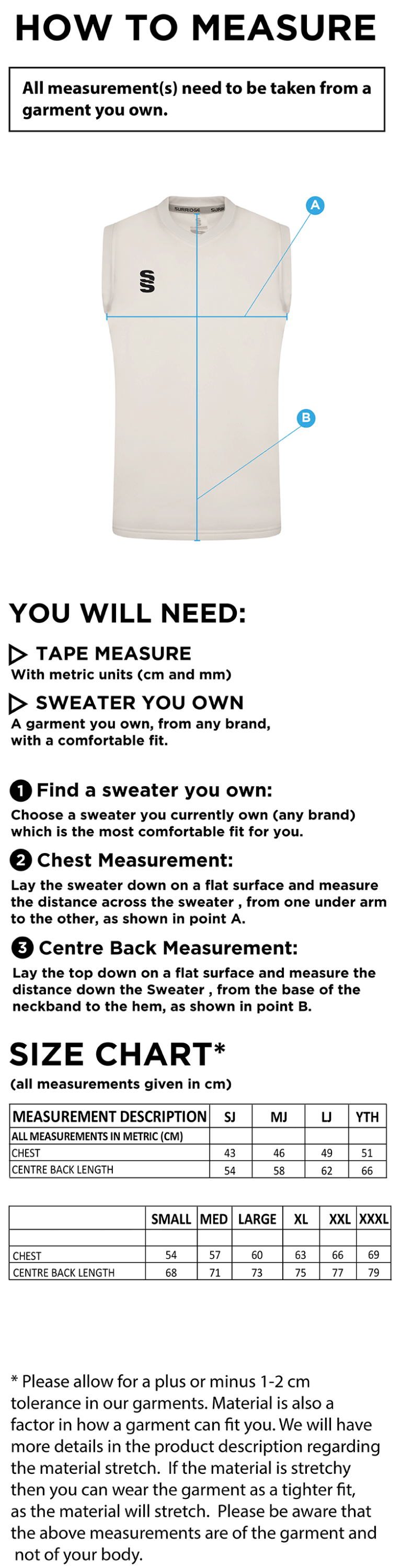 Edenfield CC Blast Sleeveless Cricket Sweater - Size Guide