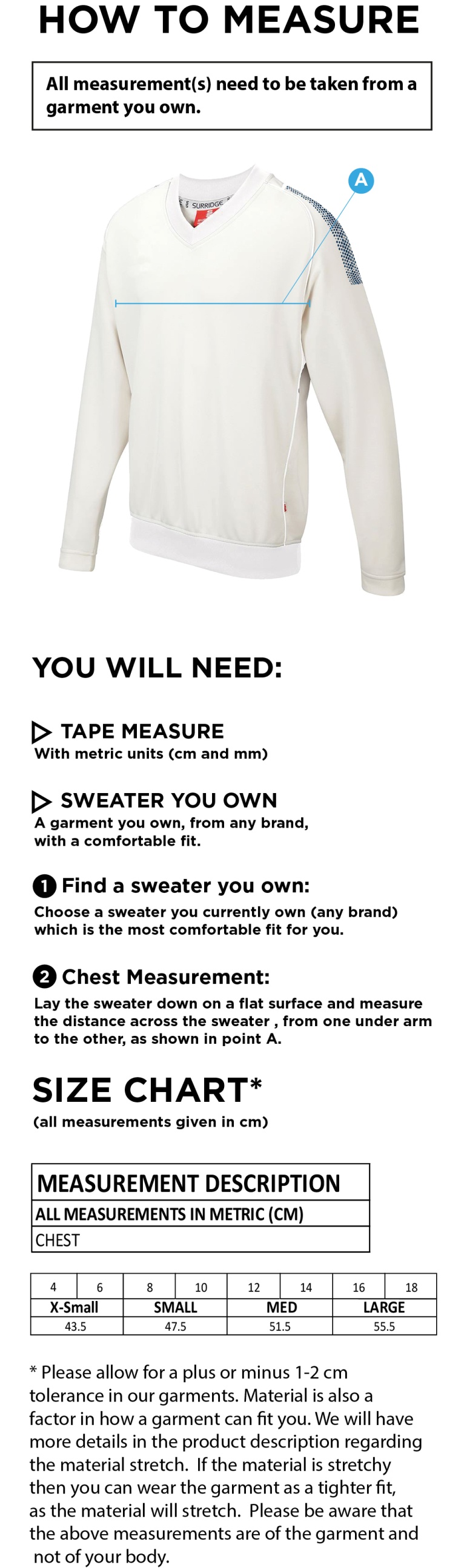 Edenfield CC Blast Long Sleeve Womens Cricket Sweater - Size Guide