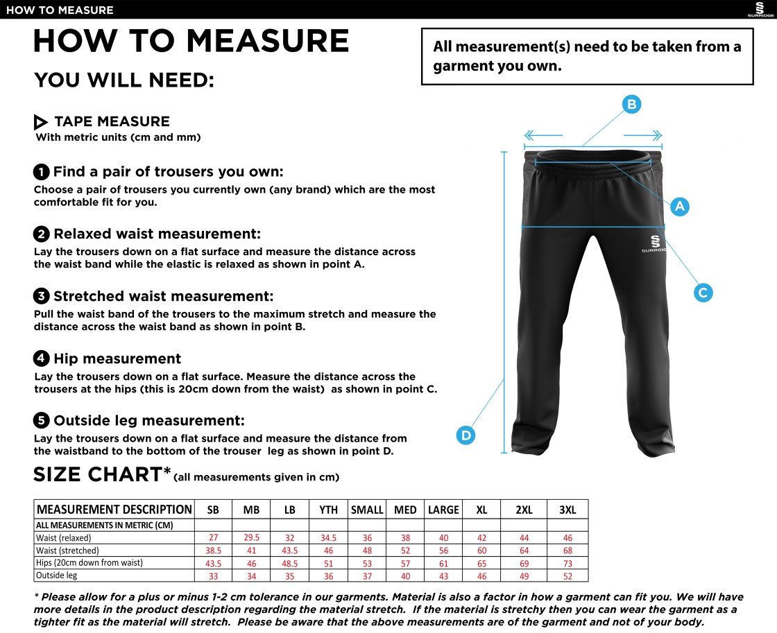 Edenfield CC Tracksuit Pant - Size Guide