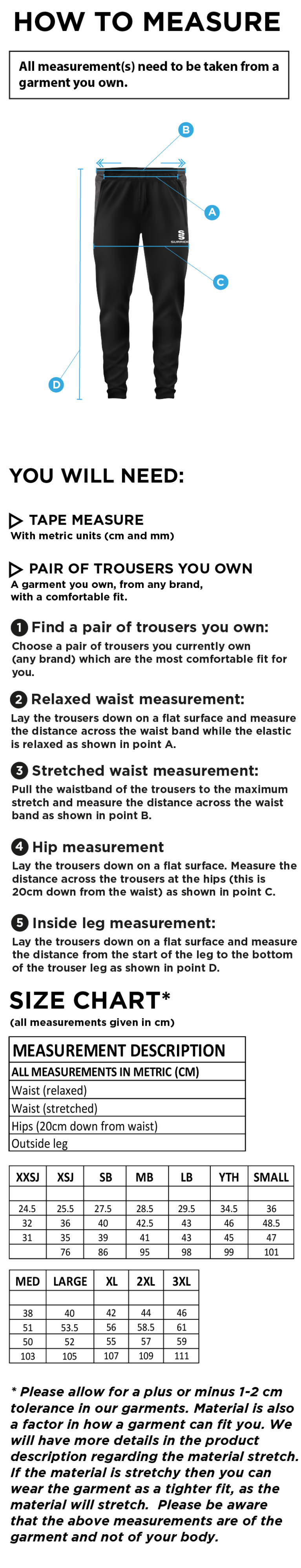 Edenfield CC Slim Training Pant - Size Guide