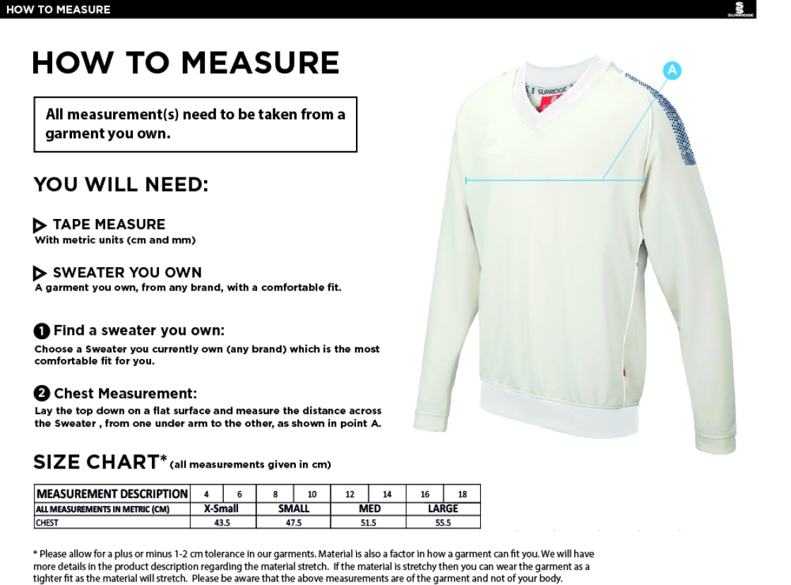 Edenfield CC Blast Long Sleeve Womens Cricket Sweater - Size Guide