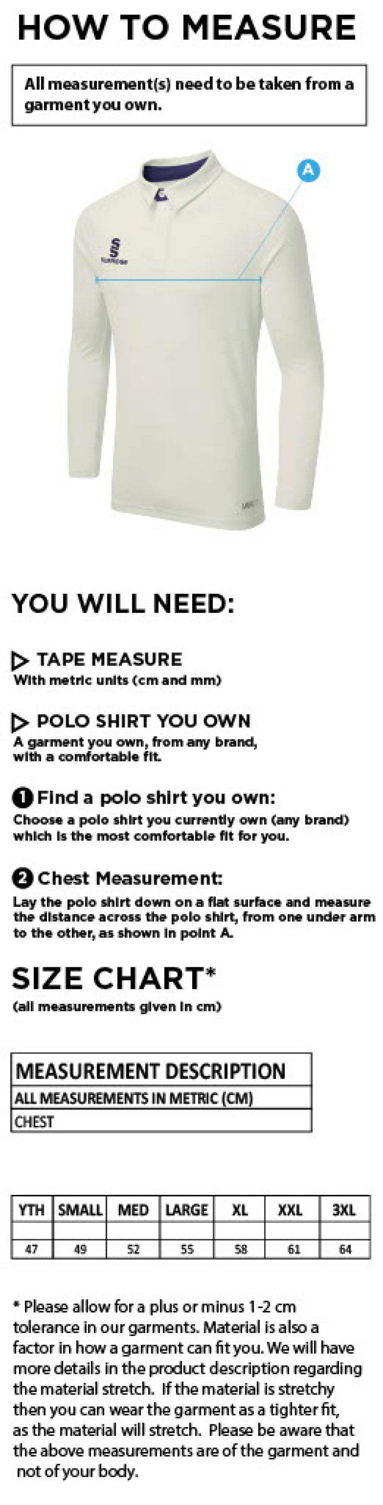 Edenfield CC Ergo Long Sleeved playing shirt - Size Guide