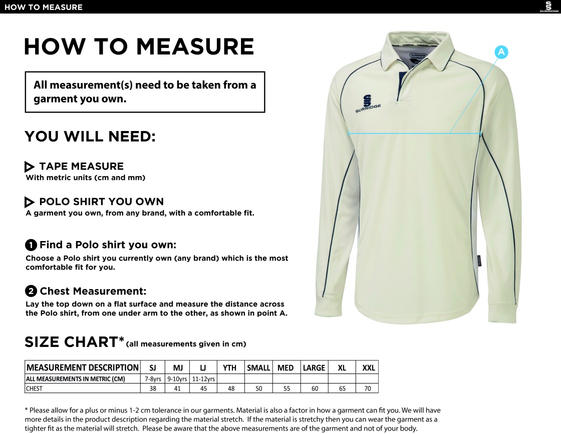 Edenfield CC Premier Long Sleeved Playing Shirt - Size Guide
